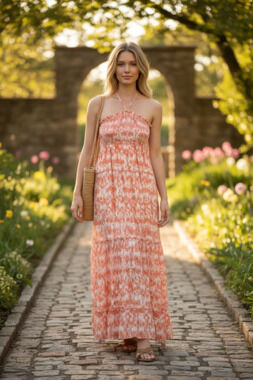 Mudd Women's Orange and White Abstract Print Smocked Halter Maxi Dress